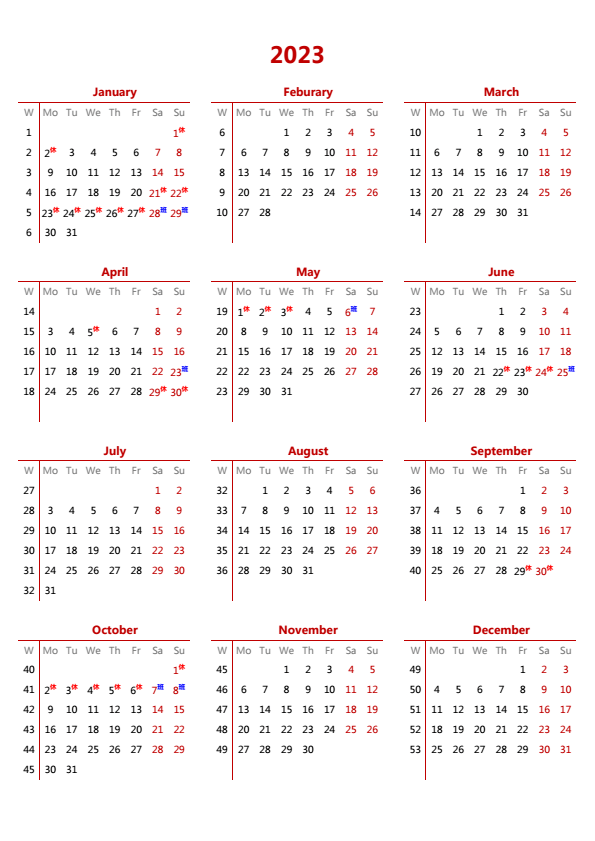 2023年日历 带节假日调休 A4纵向 英文版 无农历 带周数 周一开始